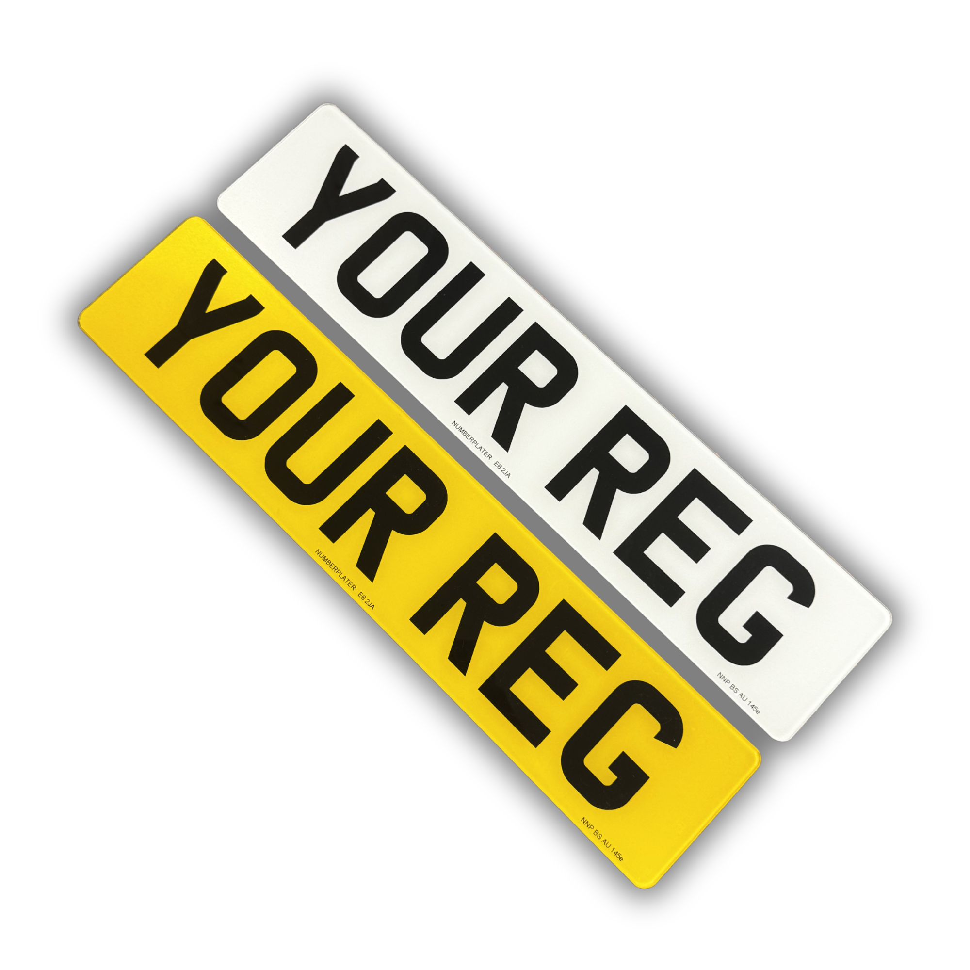 Standard 2D number plates — flat, clean printed characters — angled pair