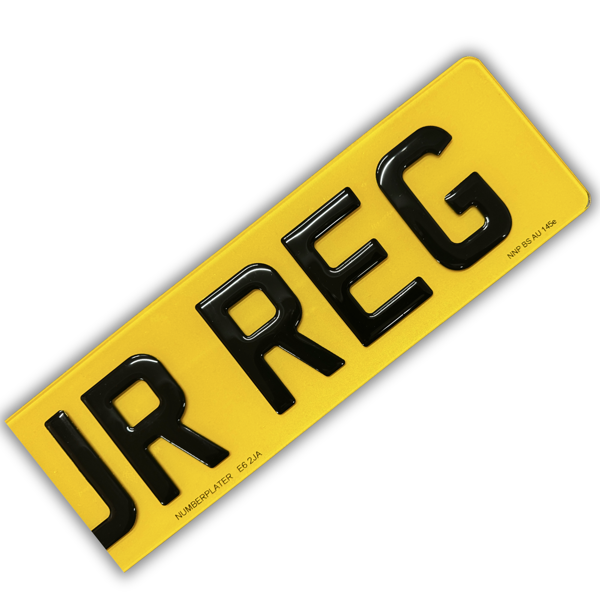 Close-up of a road-legal 3D gel number plate character showing the glossy domed gel resin and the BS AU 145e marking