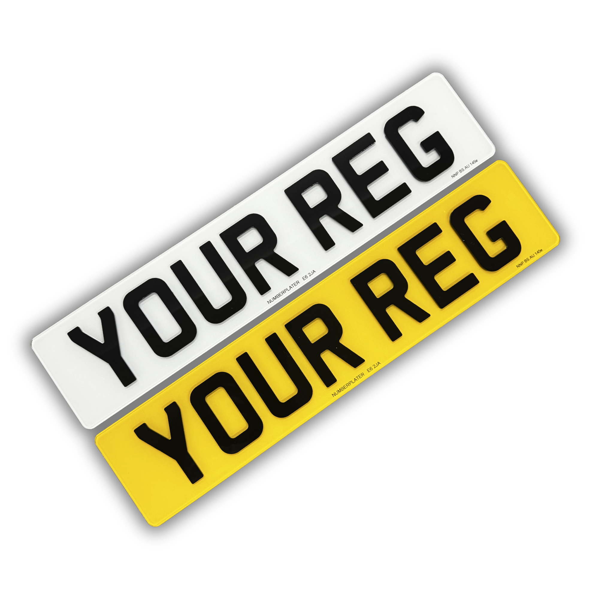 Road-legal 4D number plates, front and rear pair, angled to show the raised laser-cut acrylic characters