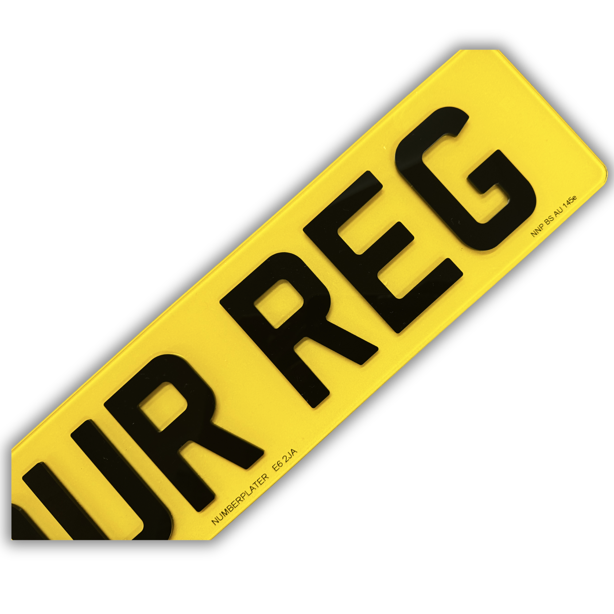 Close-up of a road-legal 4D number plate character showing the BS AU 145e marking and raised laser-cut acrylic